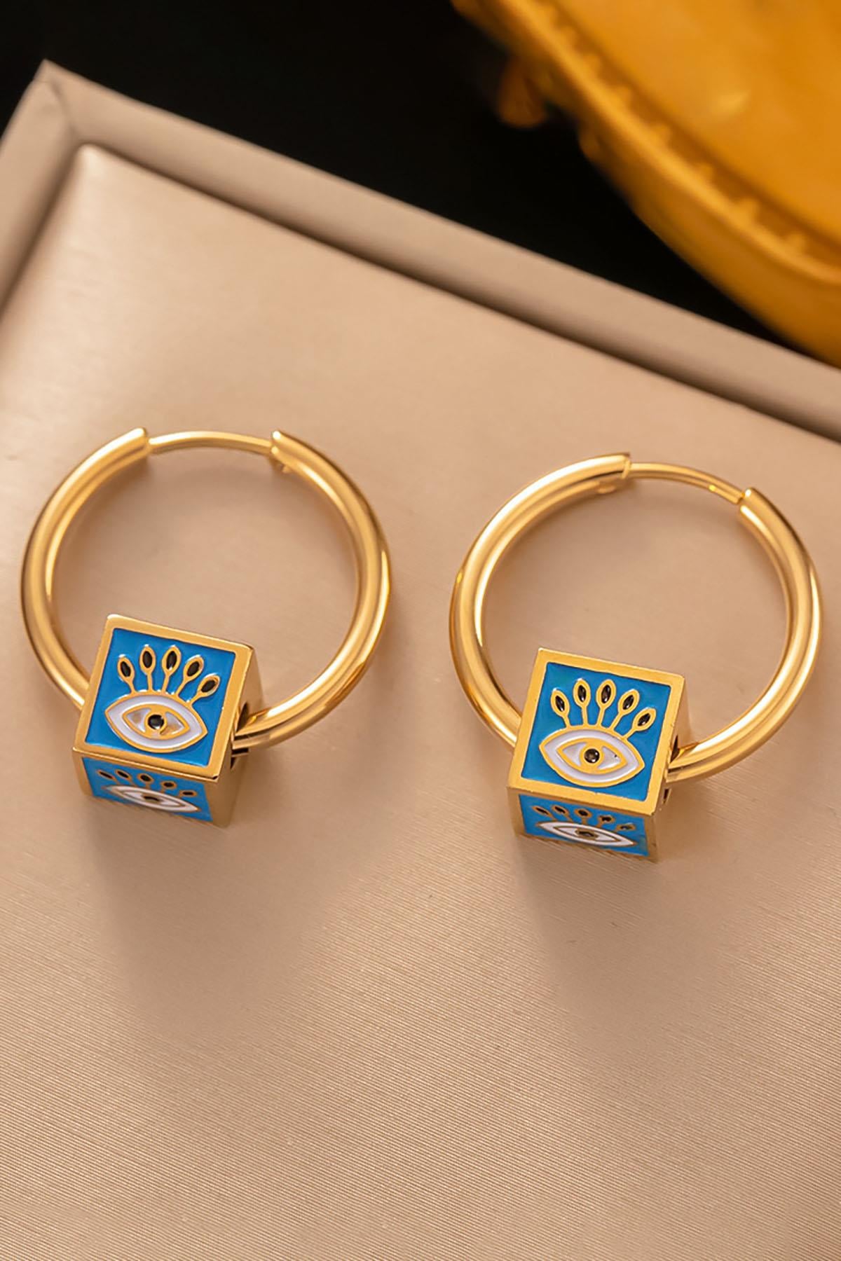 Altın Renk Göz Figürlü Çelik Küpe (Çift)