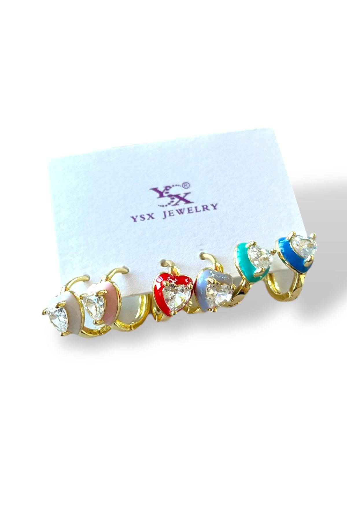 Altın Renk Kalp Figürlü Taş Detaylı 6'lı YSX Küpe Set