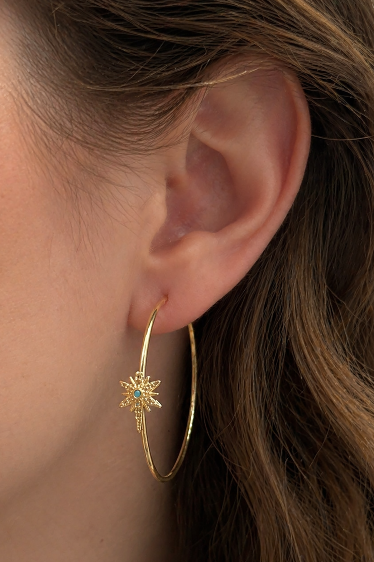 Altın Renk Yıldız Figürlü Taş Detaylı 14K Altın Kaplama Halka Küpe (Çift)