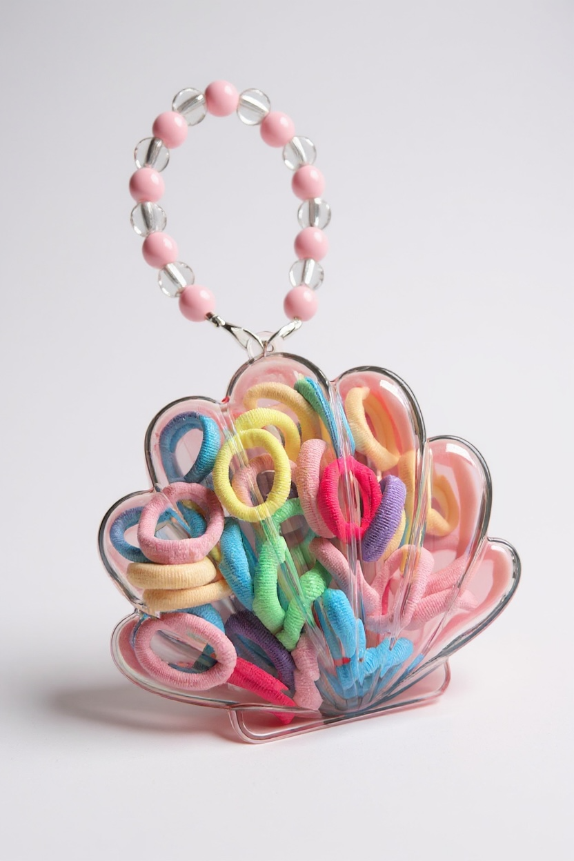 Pembe Renk Deniz Kabuğu Figürlü Boncuklu Çantalı Toka Seti