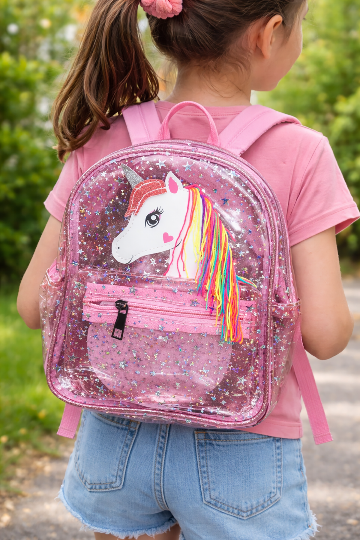 Pembe Renk Şeffaf Unicorn Figürlü Çocuk Sırt Çantası