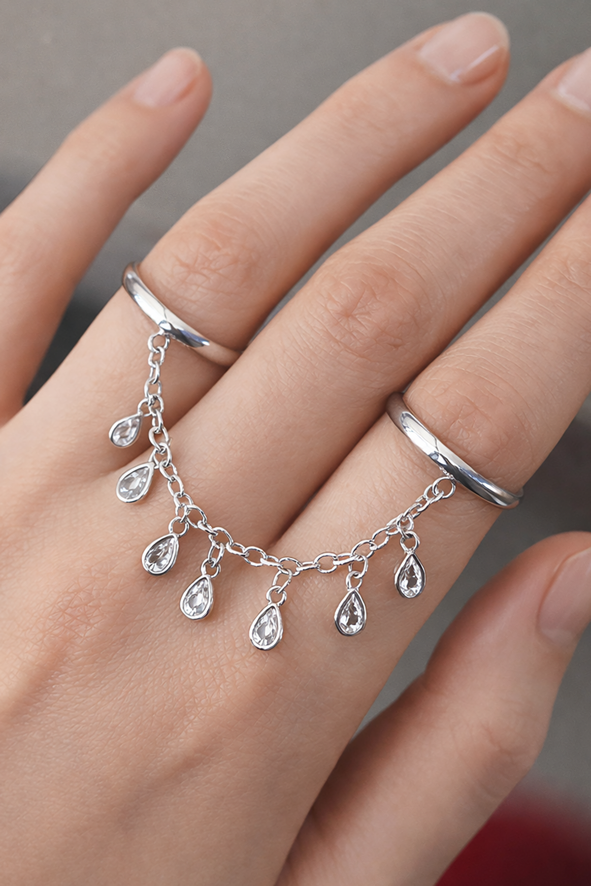 Gümüş Renk Taş Detaylı Sallantılı İkili Ayarlanabilir Yüzük