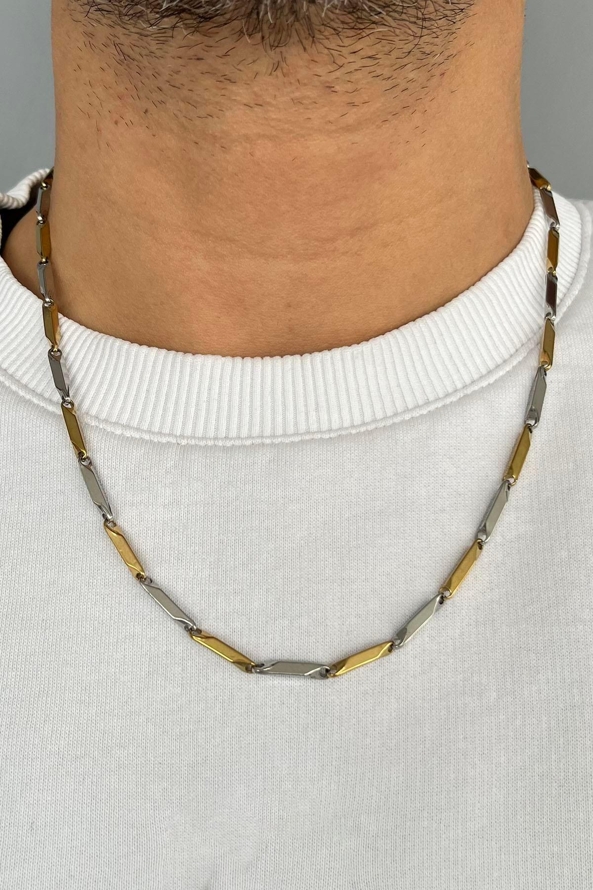 Altın Ve Gümüş Renk Erkek Zincir Çelik Kolye (55cm)