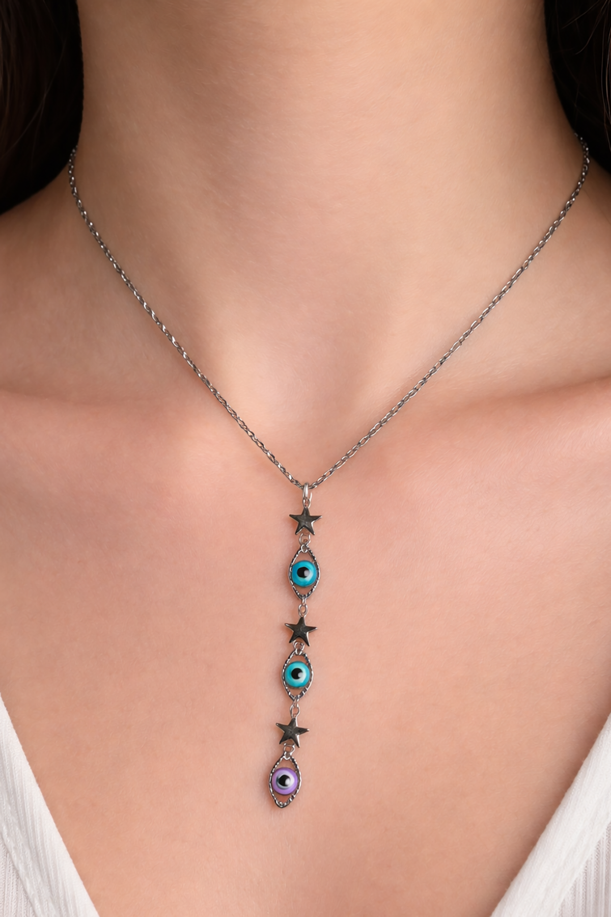 Gümüş Renk Yıldız Ve Göz Figürlü Çelik Y Kolye