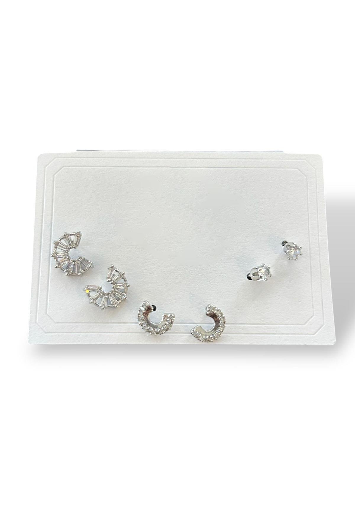 6'lı Gümüş Renk Taş Detaylı 14k Altın Kaplama Küpe Set