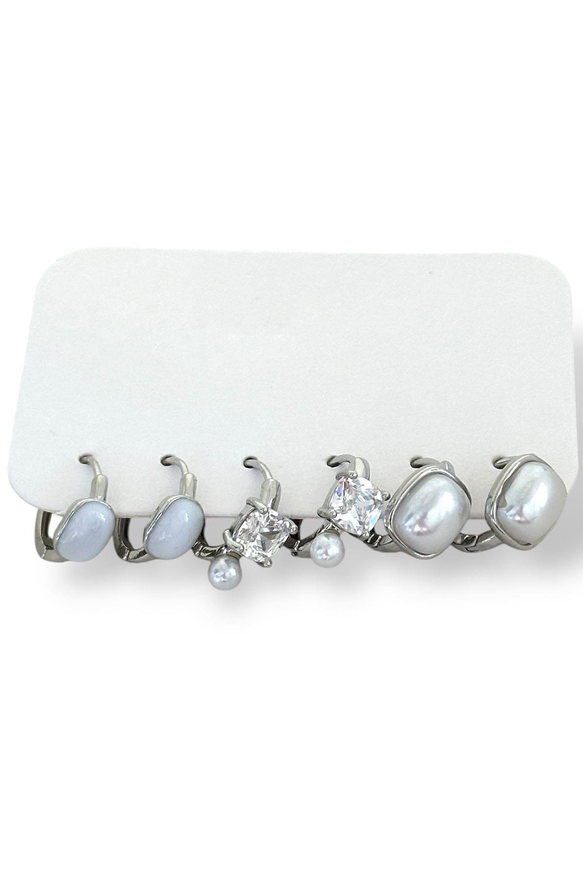 Gümüş Renk İnci Detaylı 6'lı Küpe Set