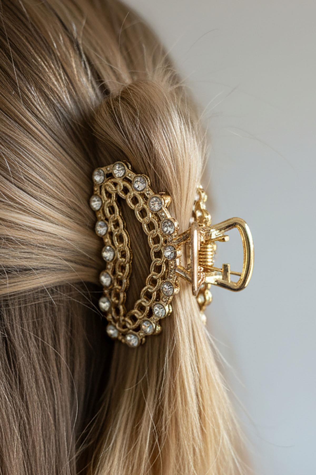 Altın Renk Taş Detaylı Mini Metal Mandal Toka