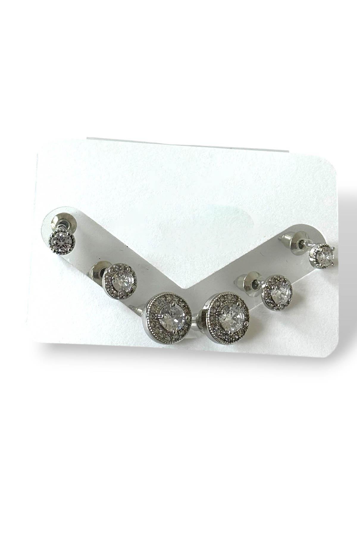 Gümüş Renk Taş Detaylı 6'lı Küpe Set