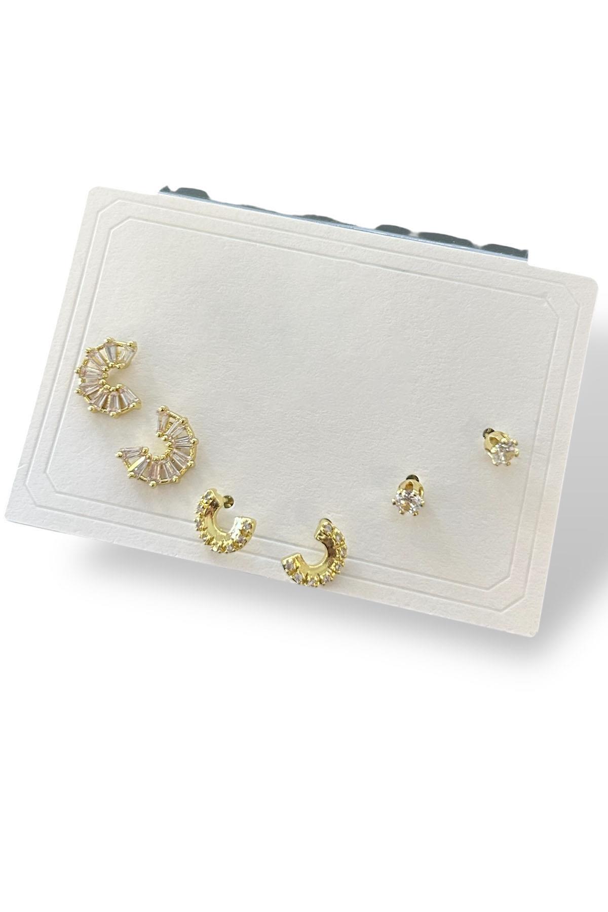 6'lı Altın Renk Taş Detaylı 14k Altın Kaplama Küpe Set