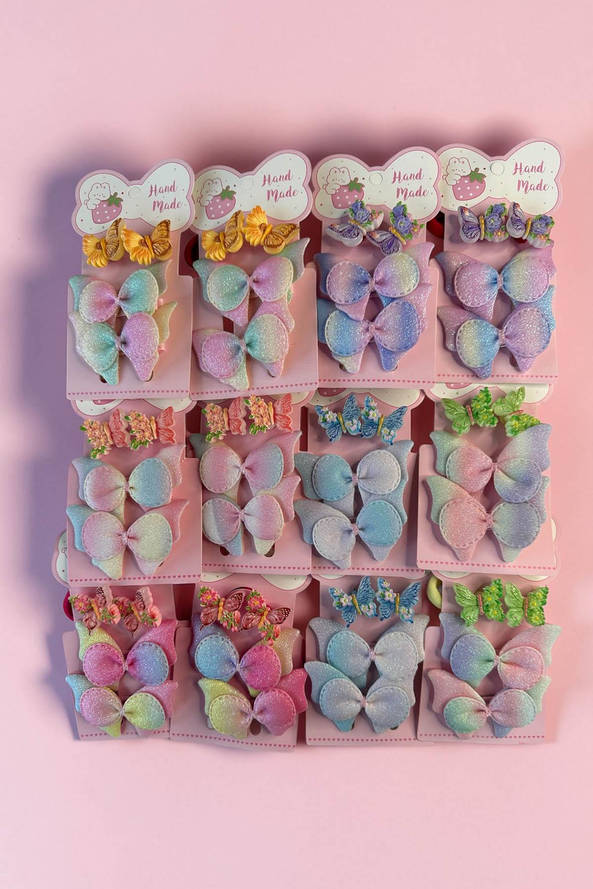 Karışık Renk Kelebek Figürlü Lastik Toka Ve Yan Toka Set