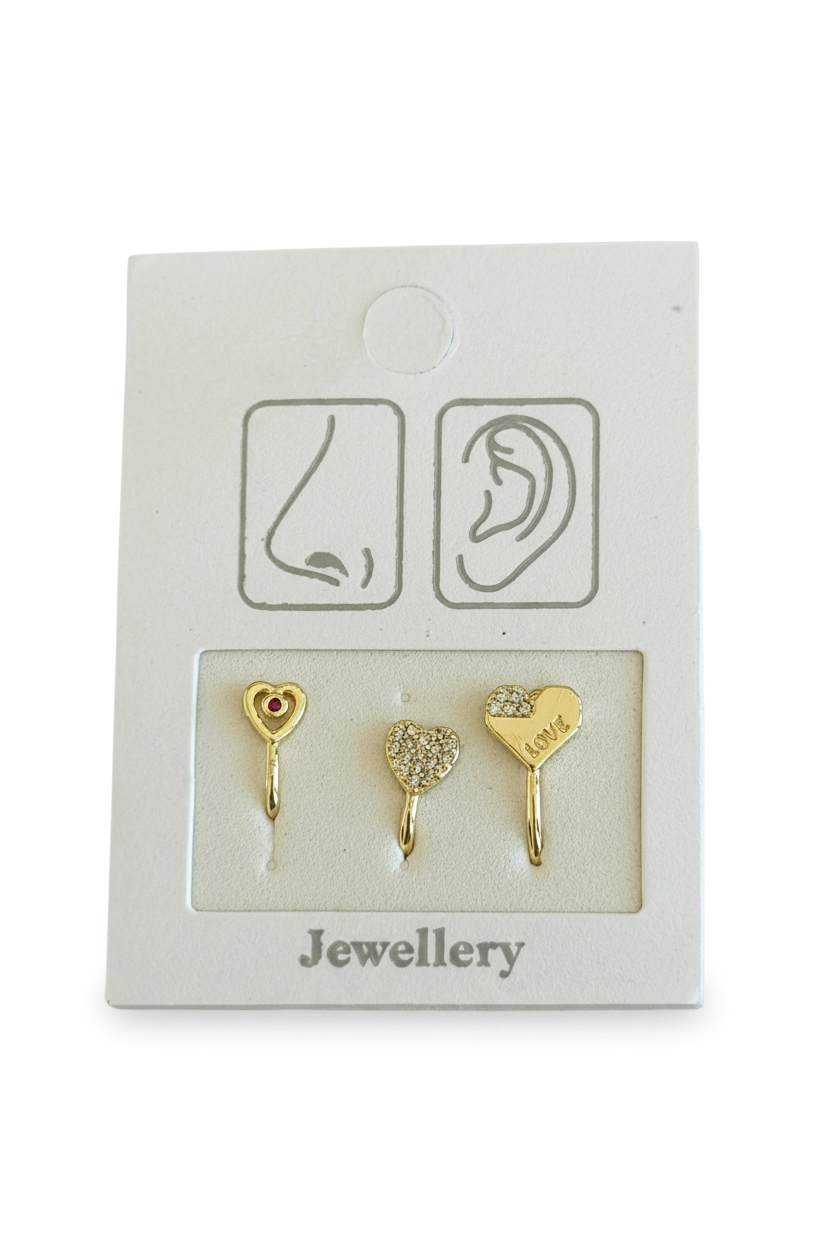 Altın Renk  Karışık Figürlü Deliksiz Kulak/Burun 3'lü Piercing Set