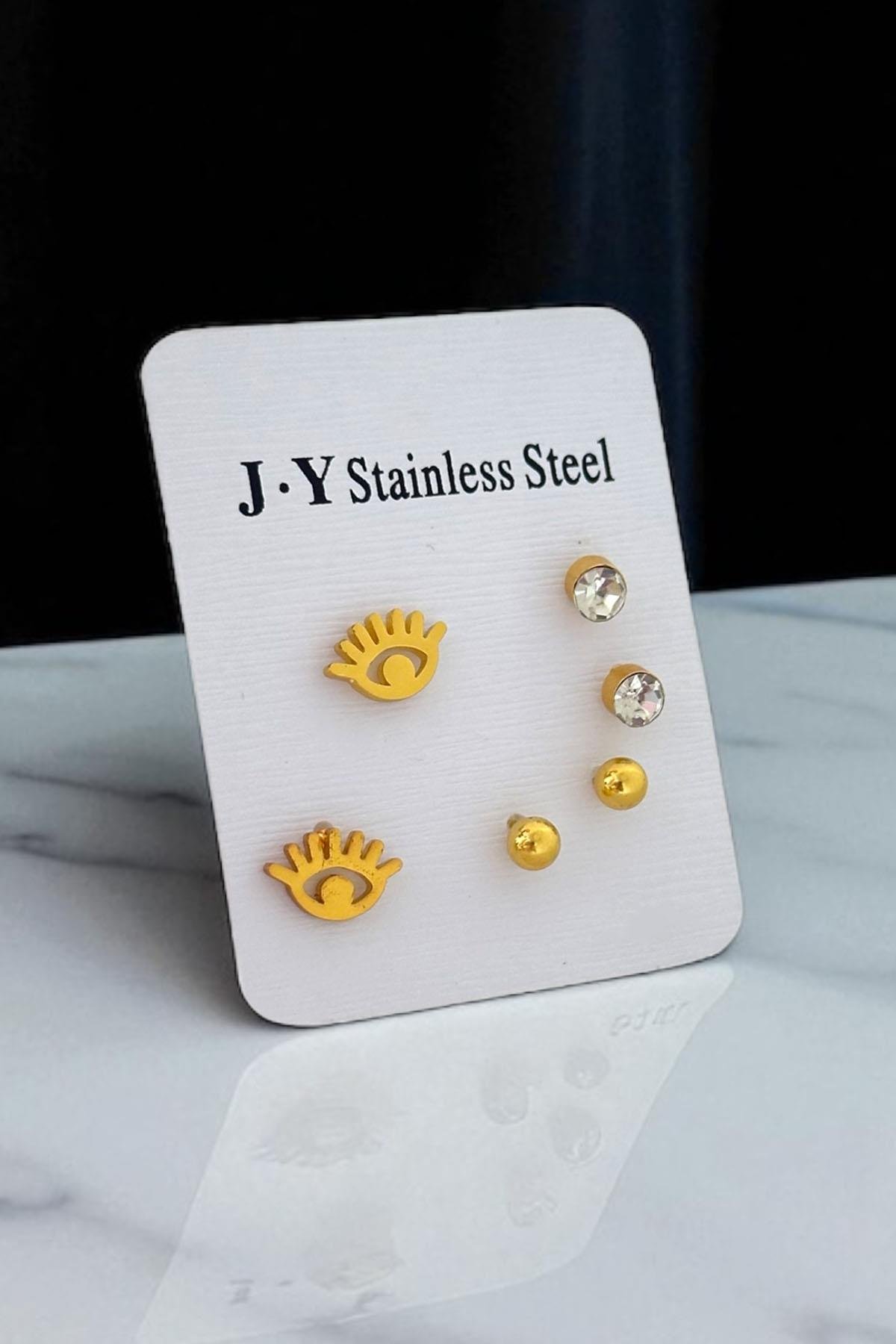 Altın Renk 6'lı Karışık Figürlü Çelik Küpe Set