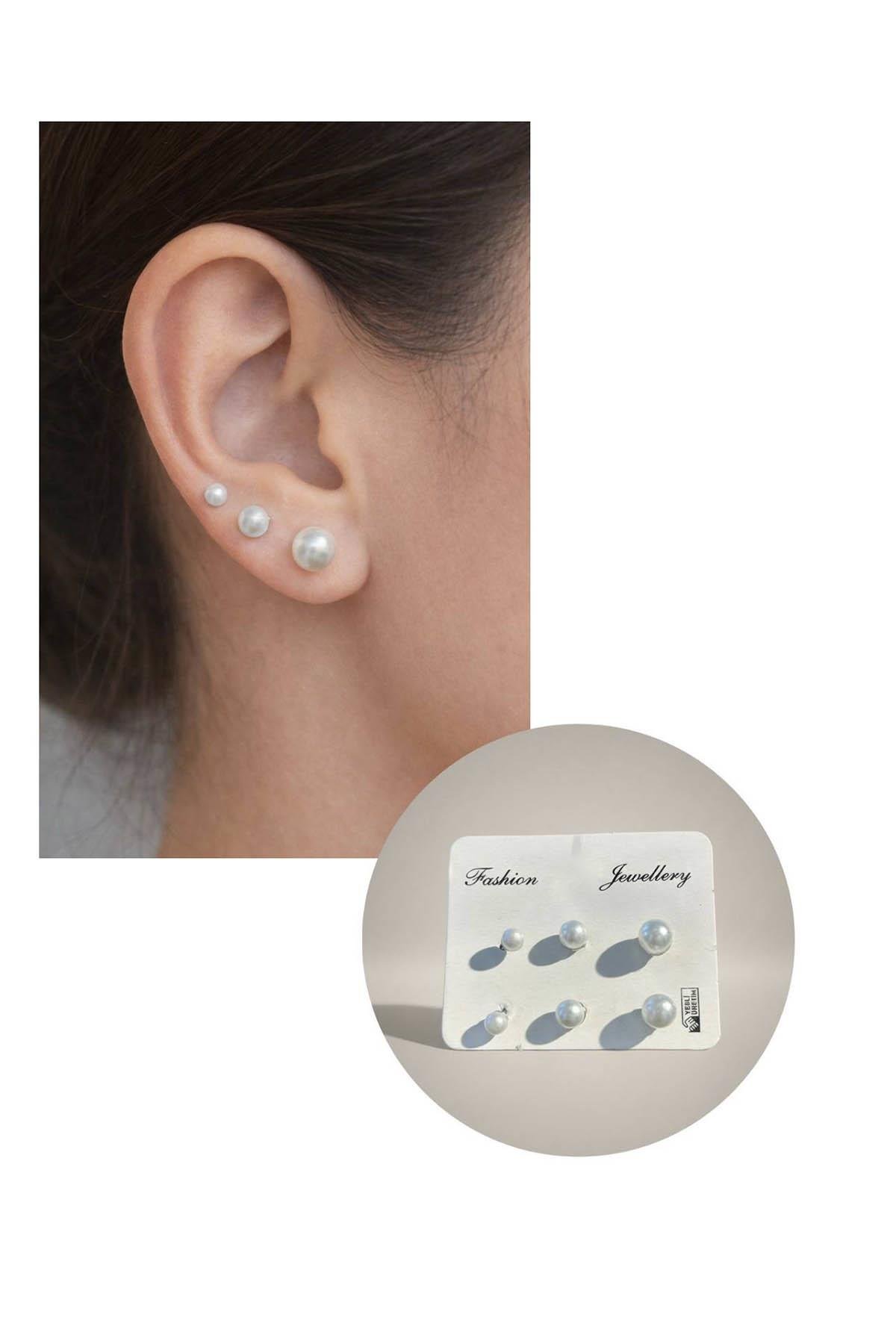 Gümüş Renk 6'lı İnci Detaylı Set Küpe