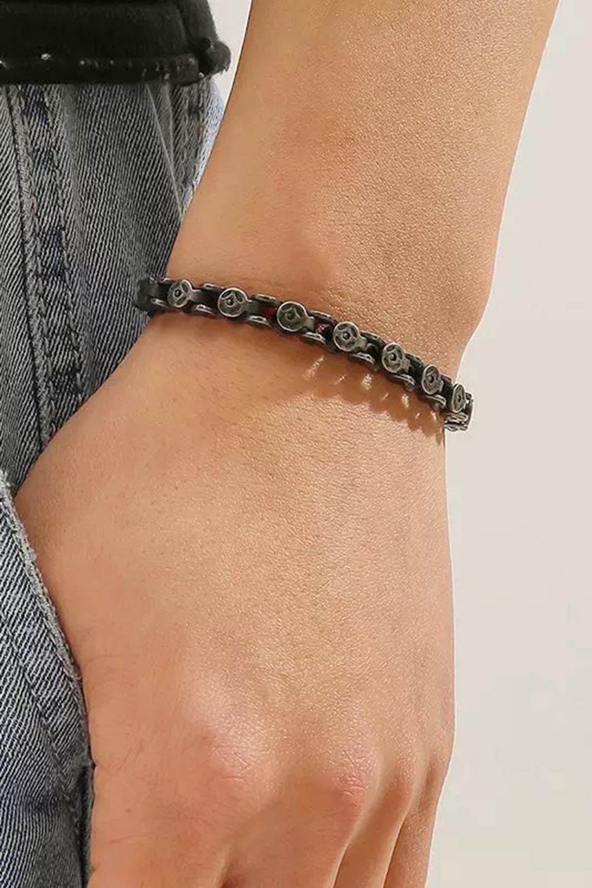 Antrasit Renk Zincir Detaylı Çelik Erkek Bileklik