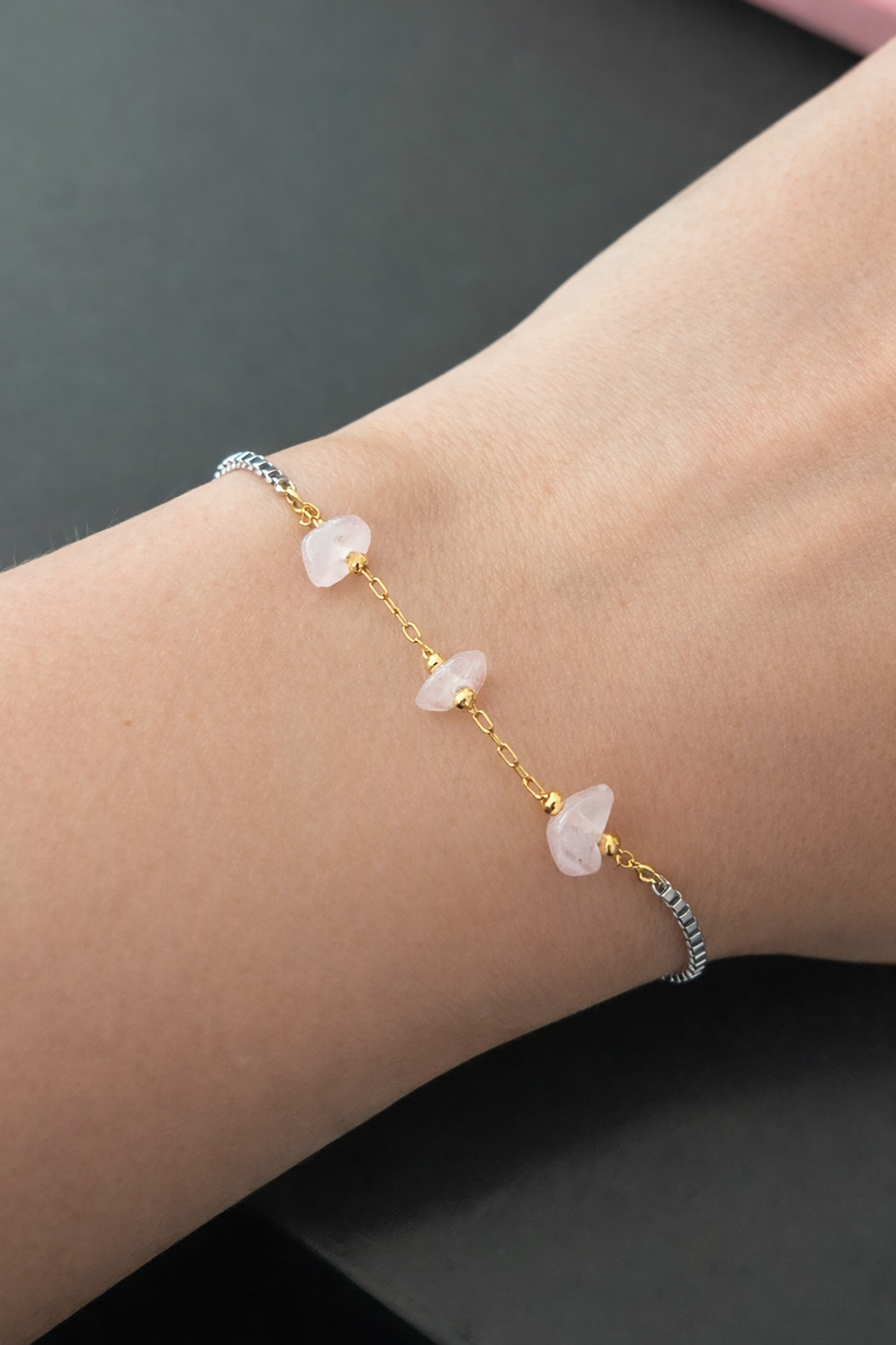 Altın Ve Gümüş Renk Pembe Taş Detaylı Çelik Bileklik