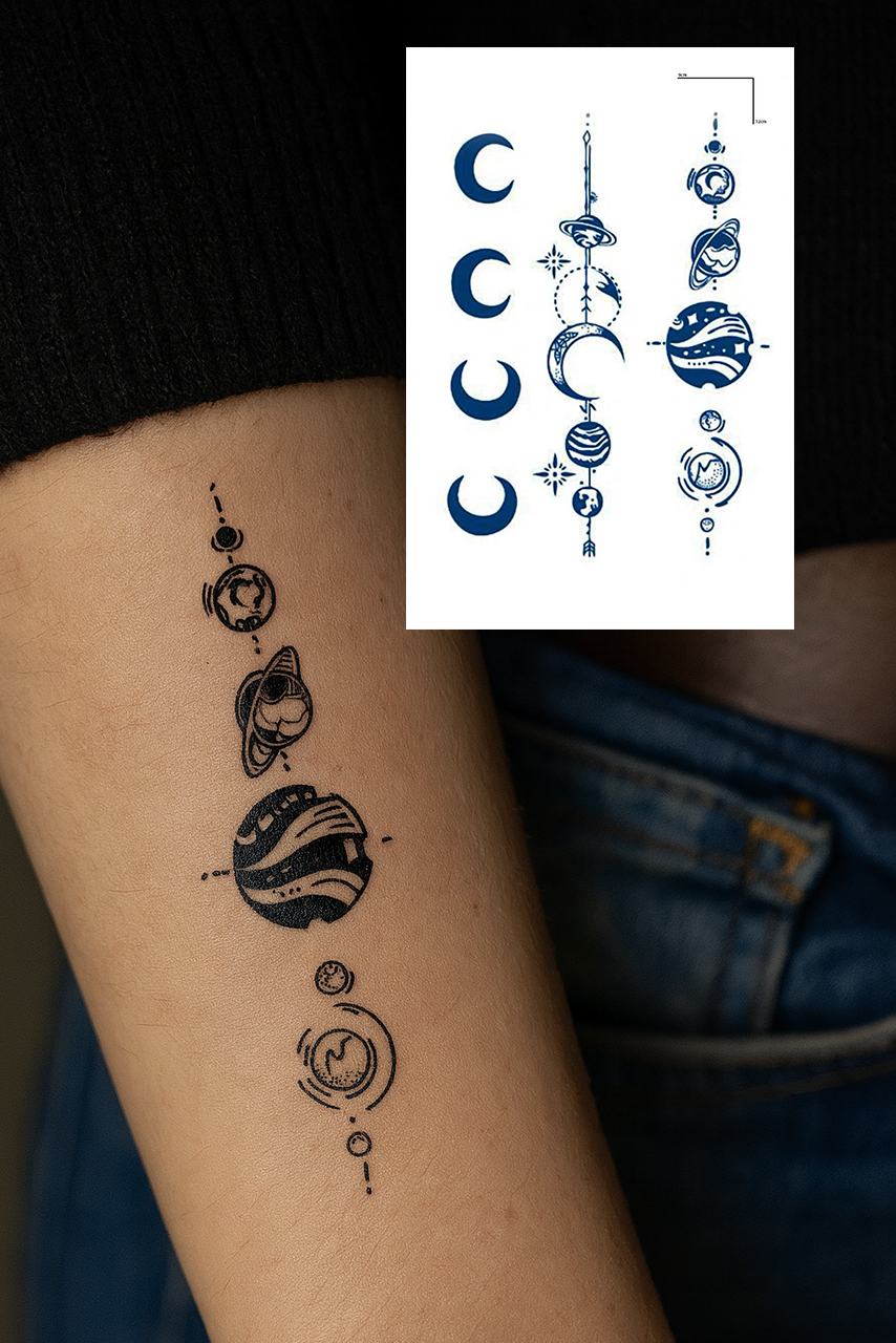 Gezegen Ve Ay Figürlü 12 Saat Sonra Kararan Geçici Mini Dövme Tattoo