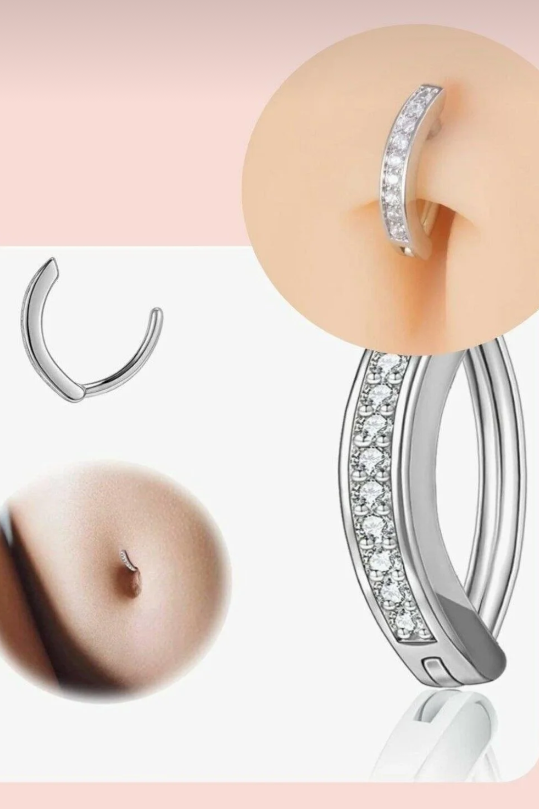 Gümüş Renk Taşlı Halka Cerrahi Çelik Göbek Piercing