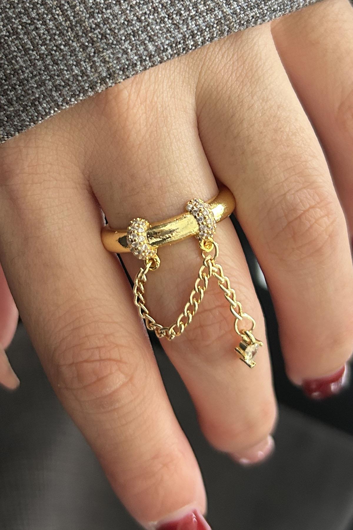 Altın Renk Taş Detaylı Sallantılı Ayarlanabilir Yüzük