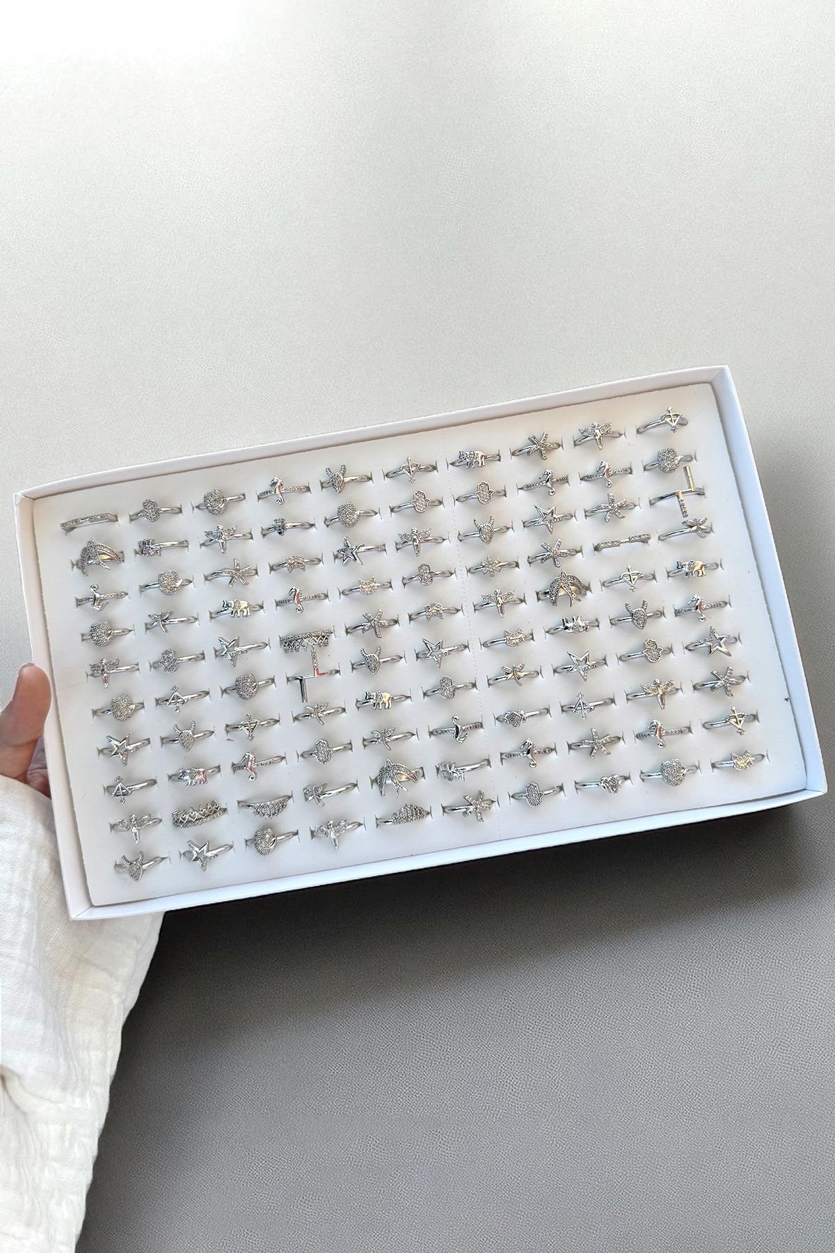 100'lü Gümüş Renk Karışık Figürlü Ayarlanabilir Yüzük Set