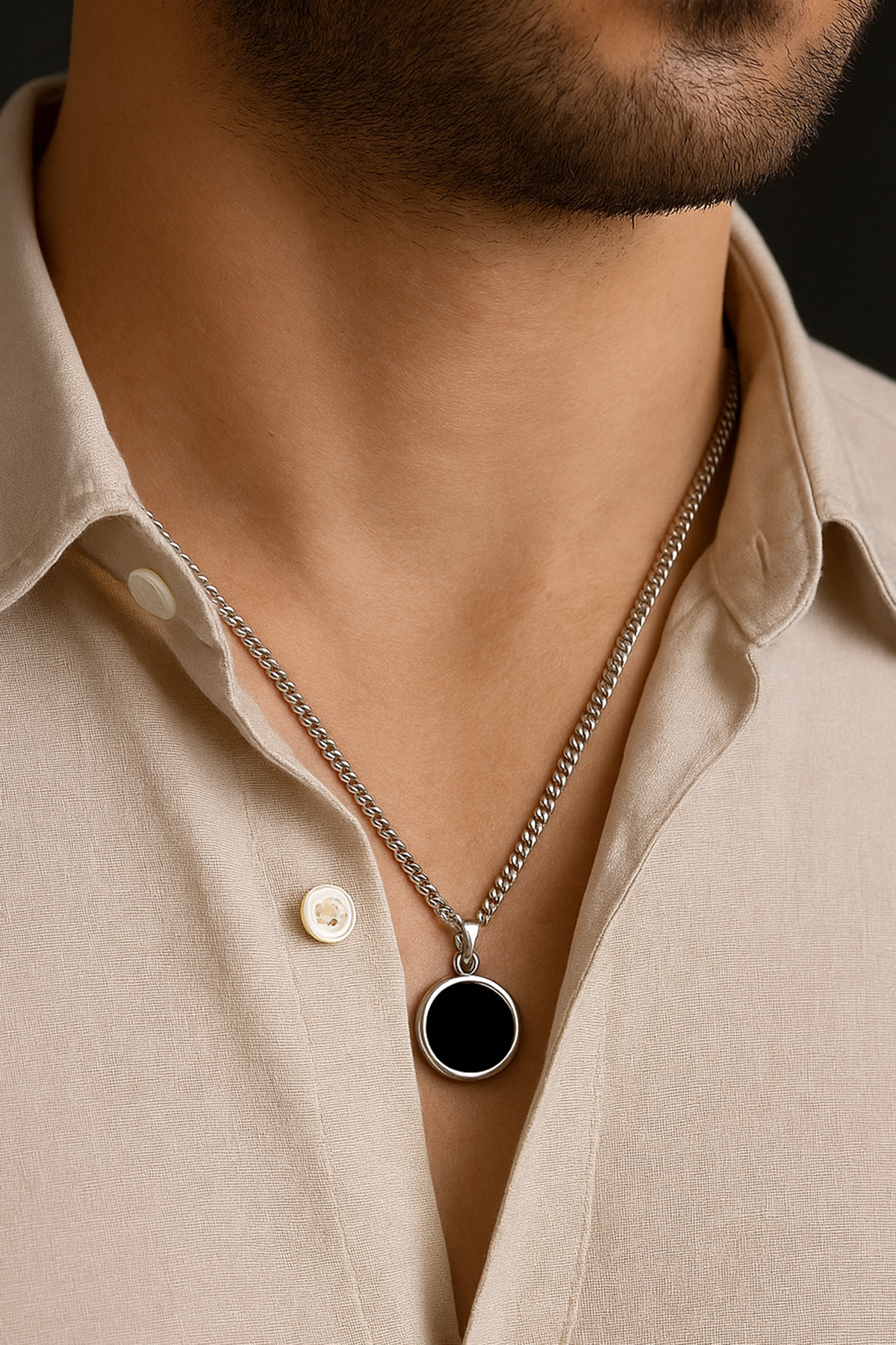 Gümüş Renk Taş Detaylı Erkek Zincir Çelik Kolye (60cm)