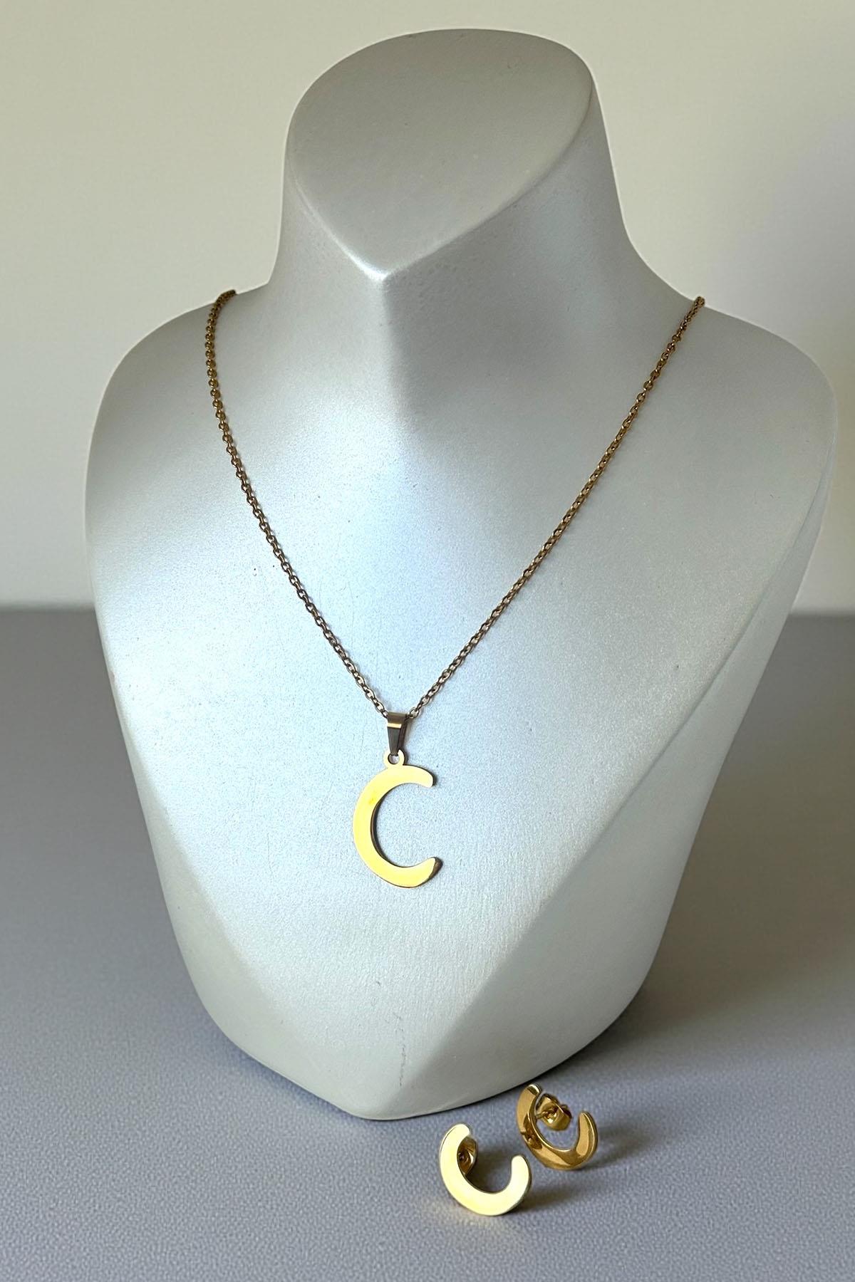 Altın Renk C Harfli Çelik Kolye Set