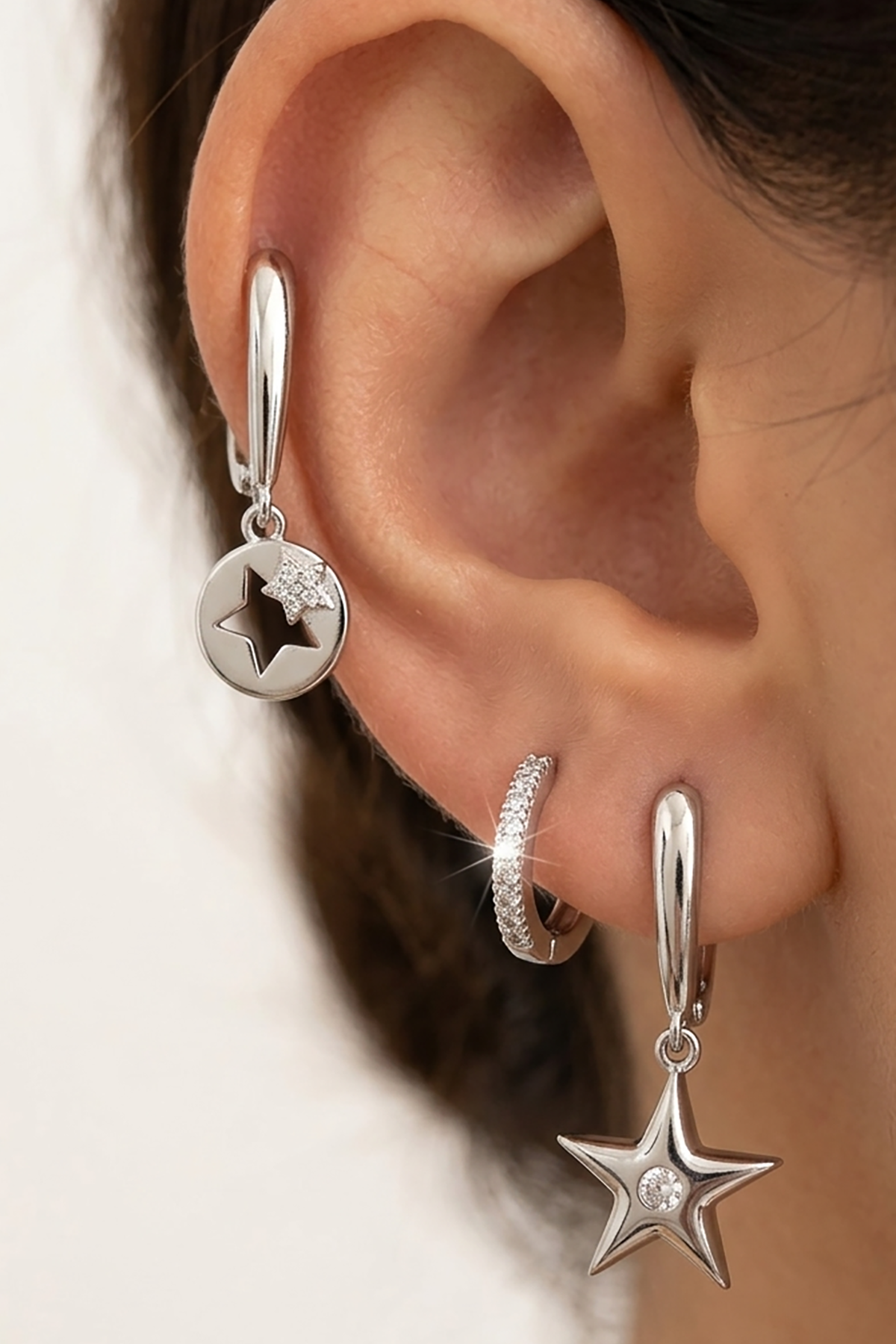 Gümüş Renk Yıldız Figürlü 3'lü YSX Küpe Set