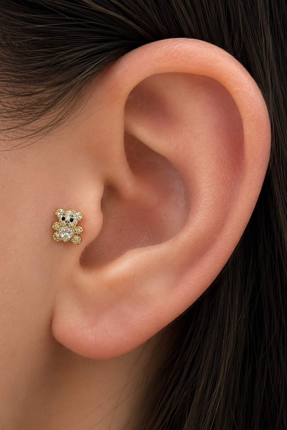 Altın Renk Ayıcık Figürlü  Taşlı Cerrahi Çelik Tragus/Kıkırdak Küpe/Piercing (Tek)