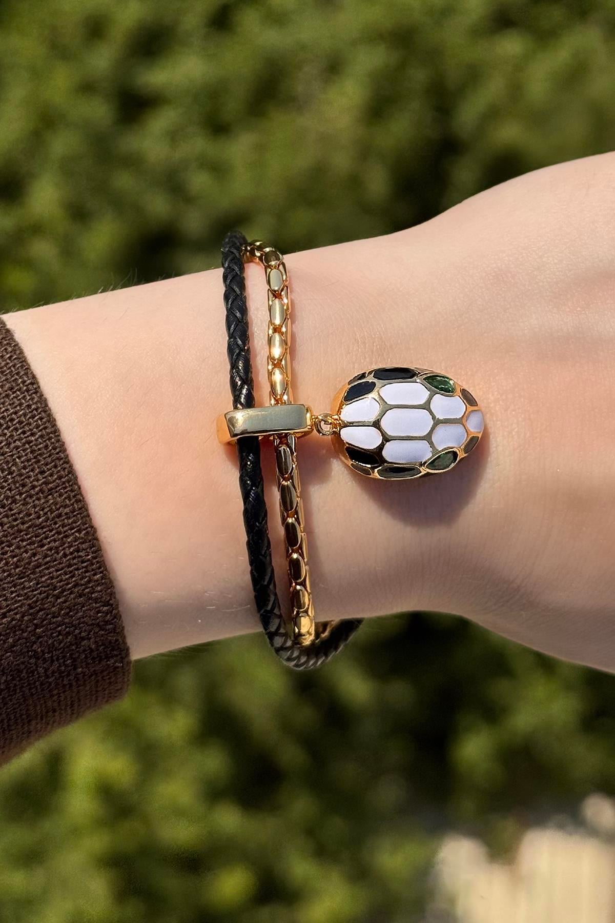 Siyah Renk Yılan Figürlü Metal Deri Bileklik