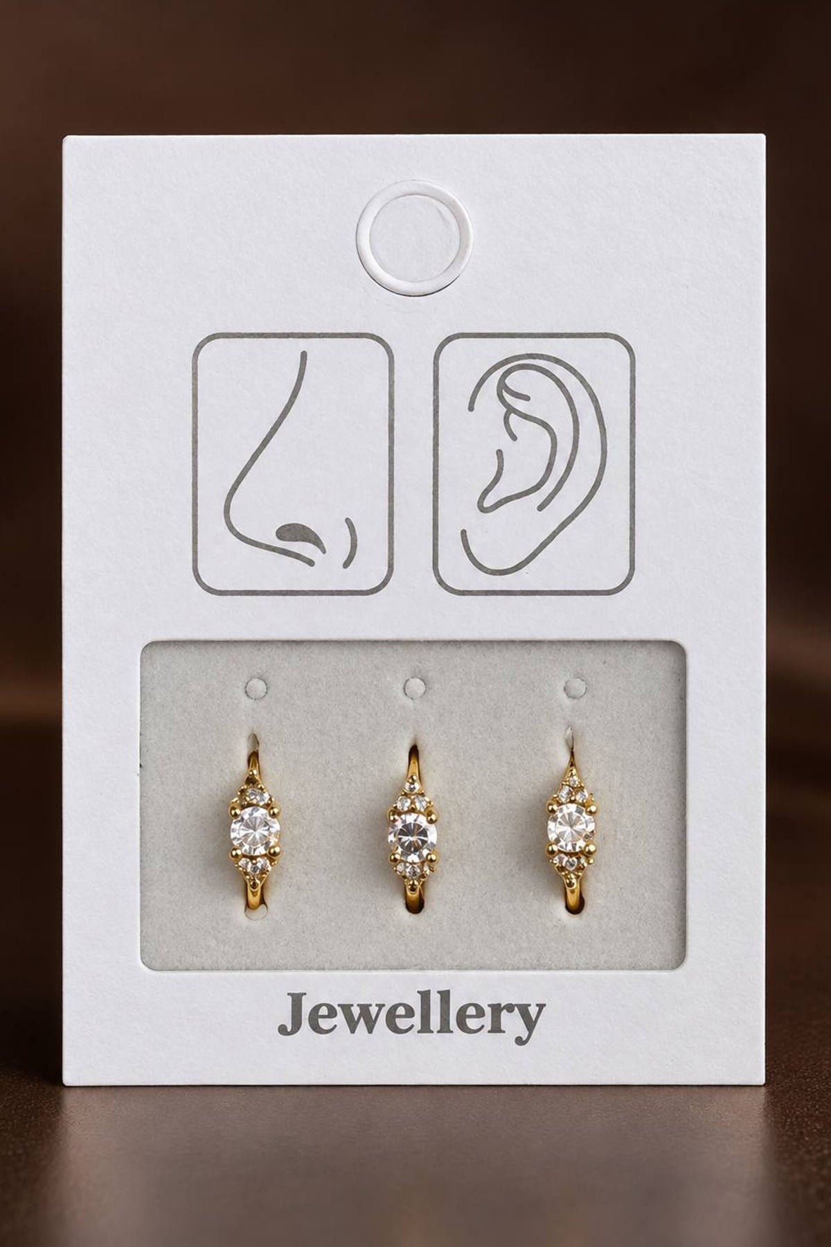 Altın Renk Taşlı Deliksiz Kulak/Burun 3'lü Piercing Set