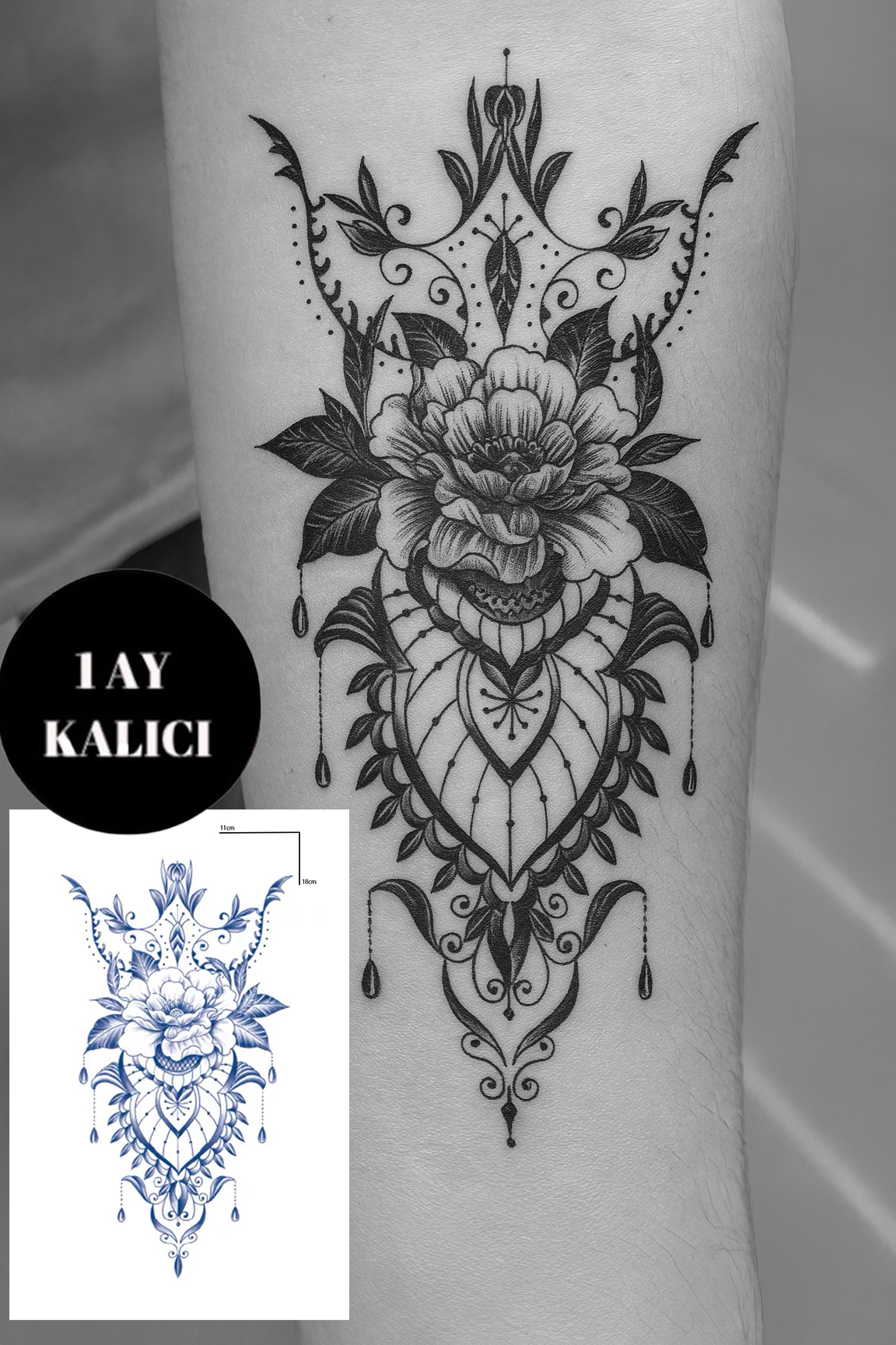 Çiçek  Figürlü 12 Saat Sonra Kararan Geçici Orta Dövme Tattoo