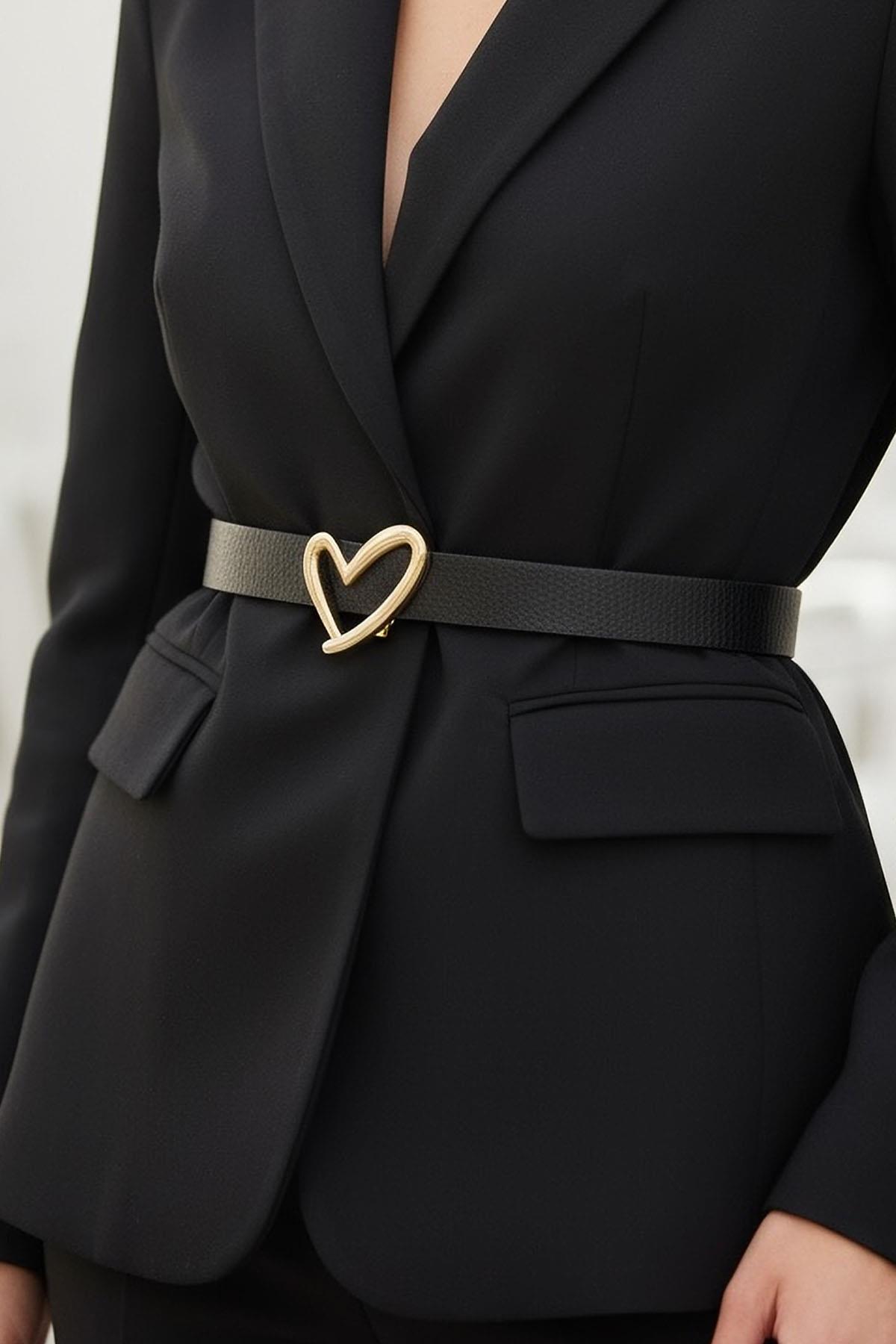 Altın Renk Kalp Figürlü Deri Detaylı Kadın Kemer