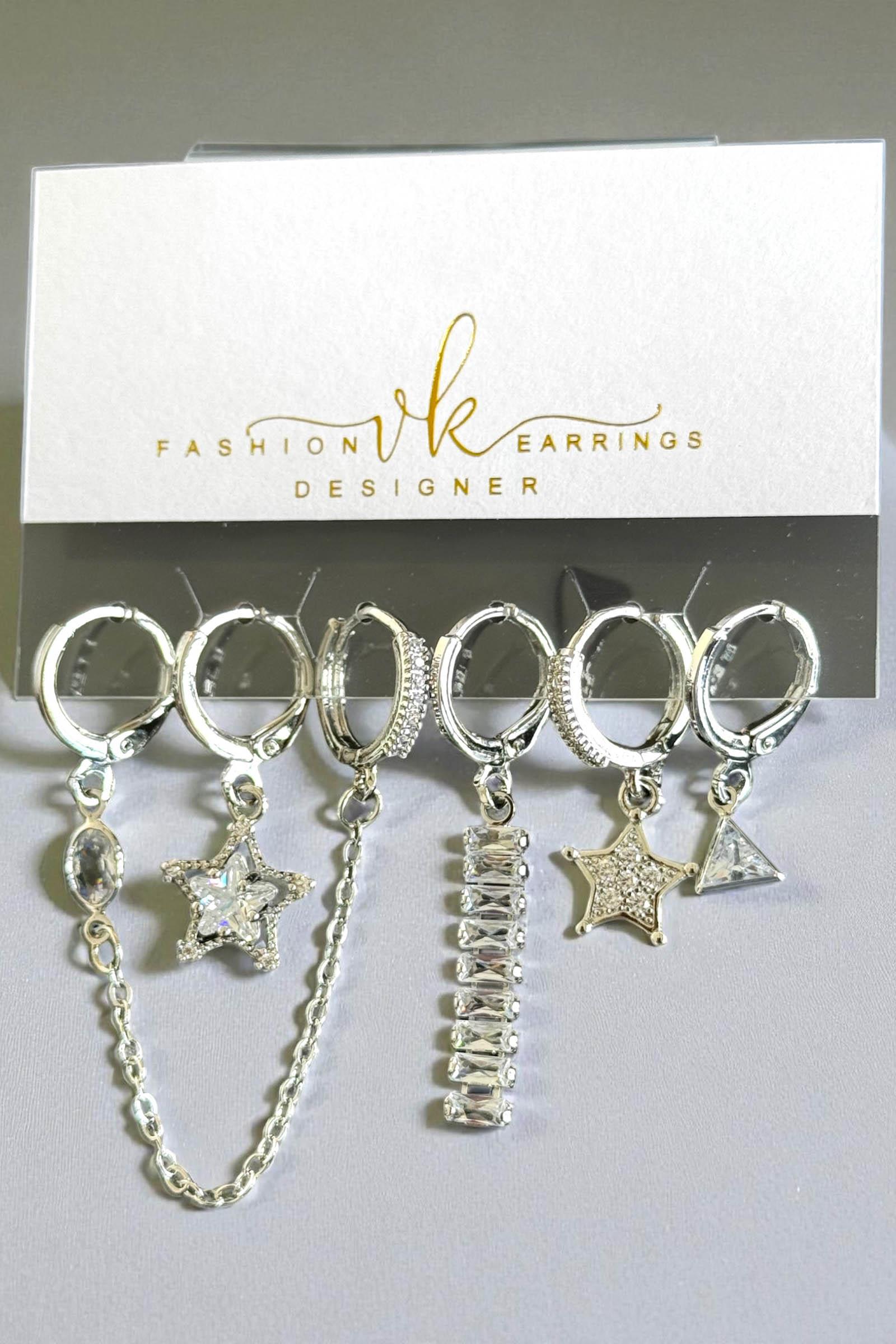 6'lı Gümüş Renk Karışık Figürlü Küpe Set