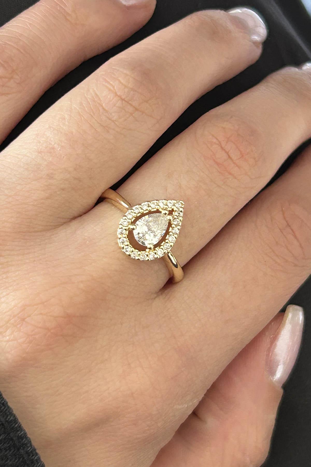 Altın Renk Taş Detaylı Ayarlanabilir Yüzük