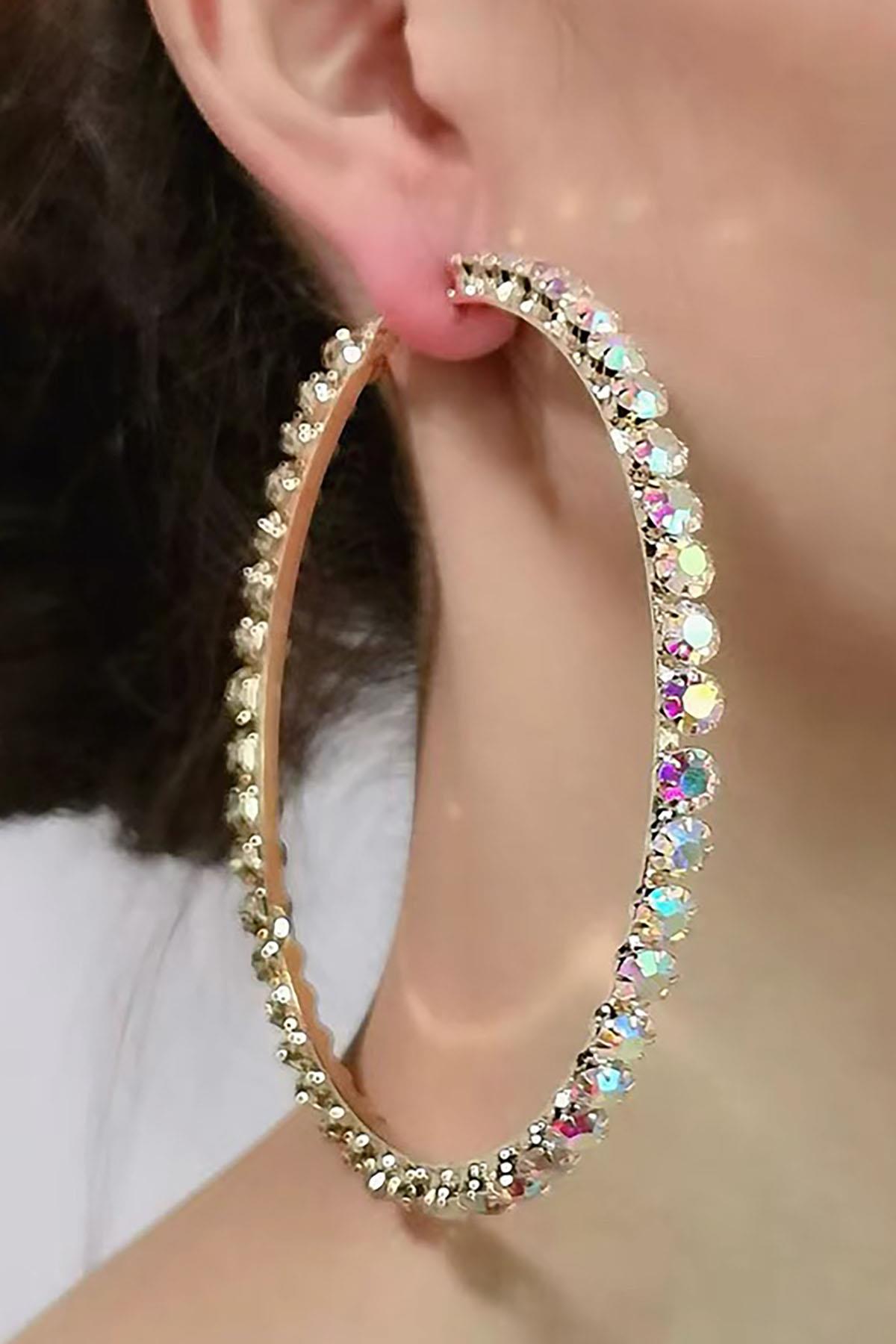 Altın Renk Taş Detaylı Halka Küpe 75Mm (Çift)