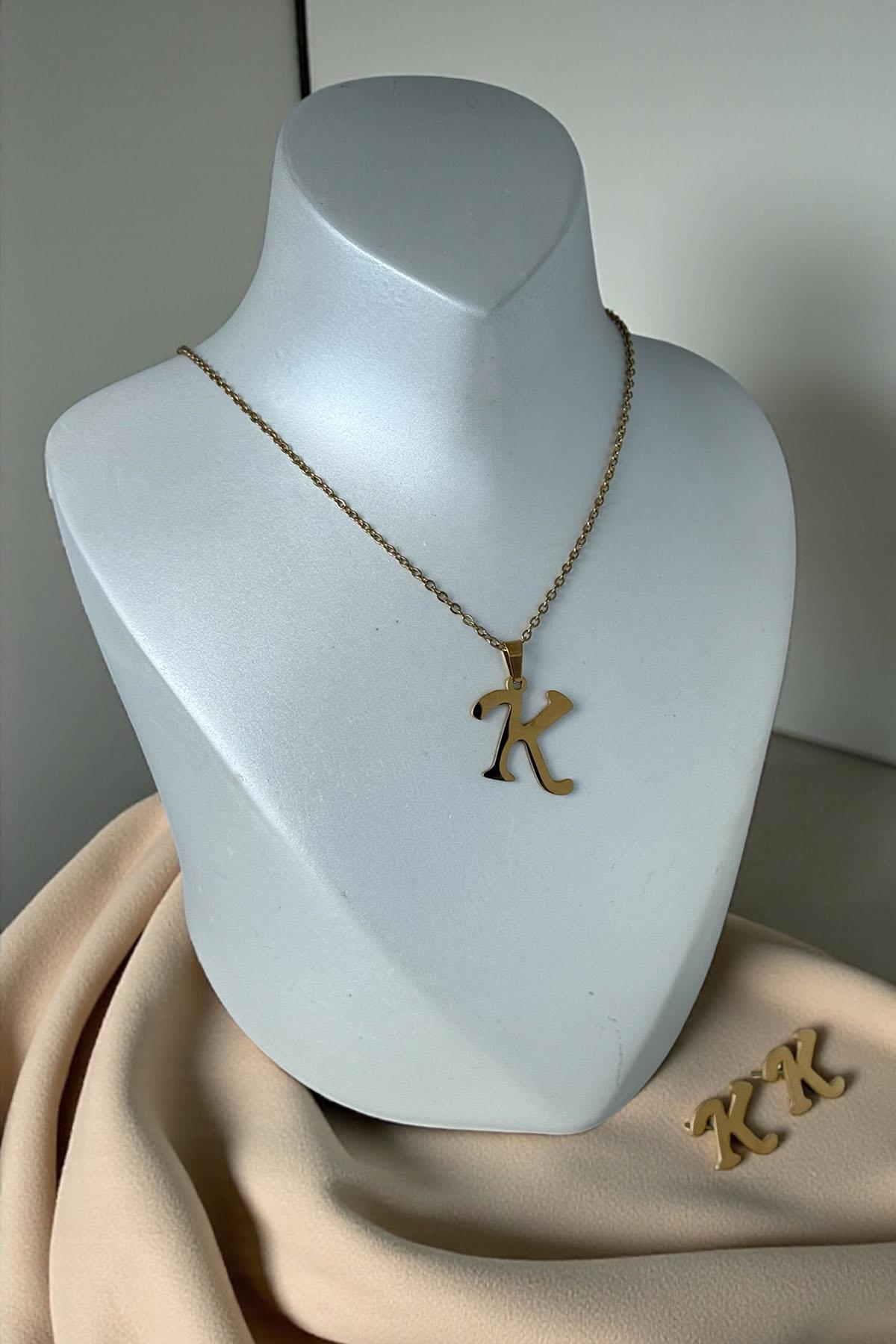 Altın Renk K Harfli Çelik Kolye Set