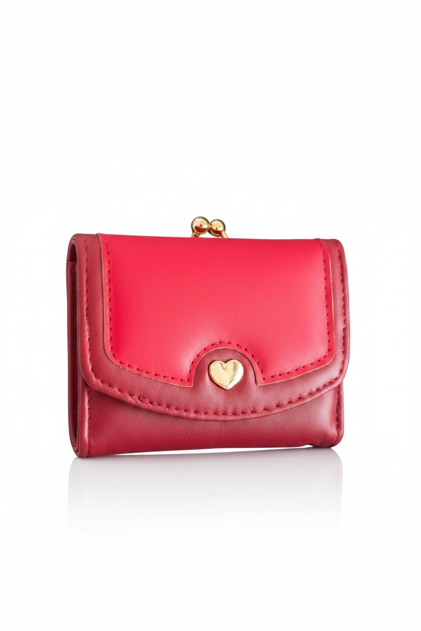 Kırmızı Renk Kalp Detaylı Deri Kadın Cüzdan