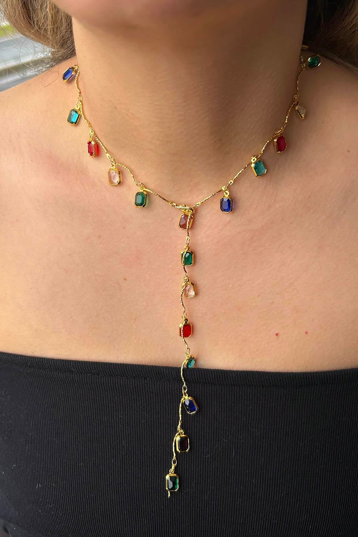 Altın Renk Taşlı Çelik Y Kolye