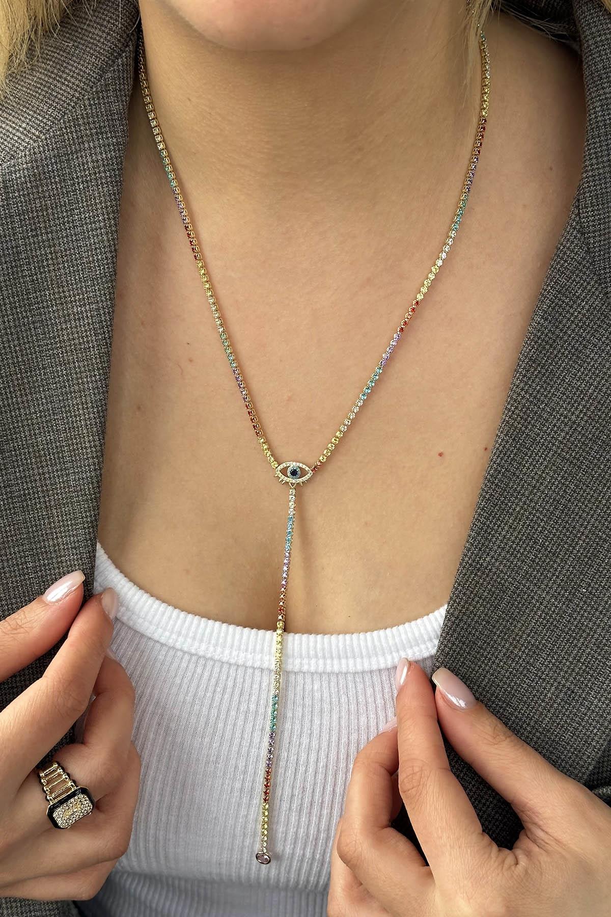 Altın Renk Göz Figürlü 14K Altın Kaplama VİP Y Kolye