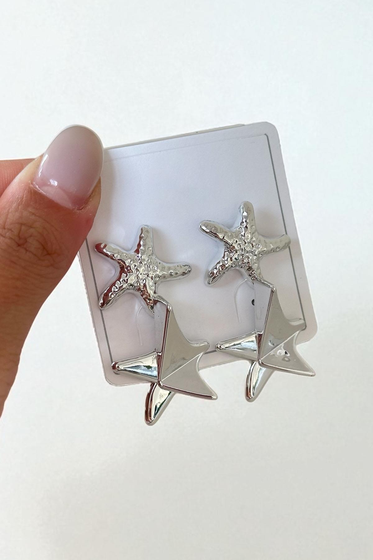 Gümüş Renk Yıldız Figürlü Küpe Set