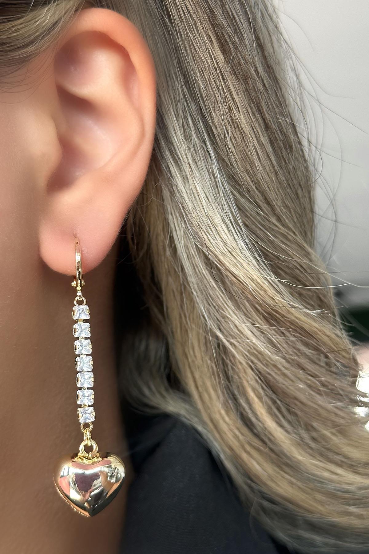 Altın Renk Kalp Figürlü Taş Detaylı VİP YSX Küpe (Çift)