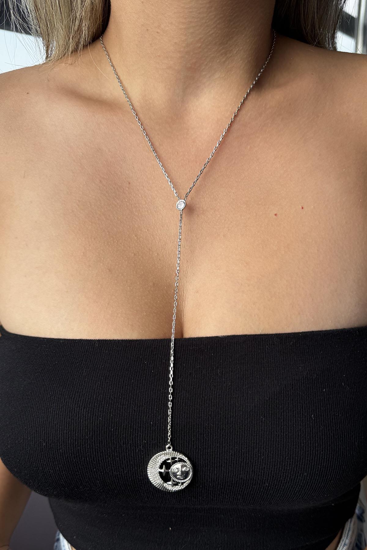 Gümüş Renk Güneş Ve Yıldız Figürlü Y Kolye