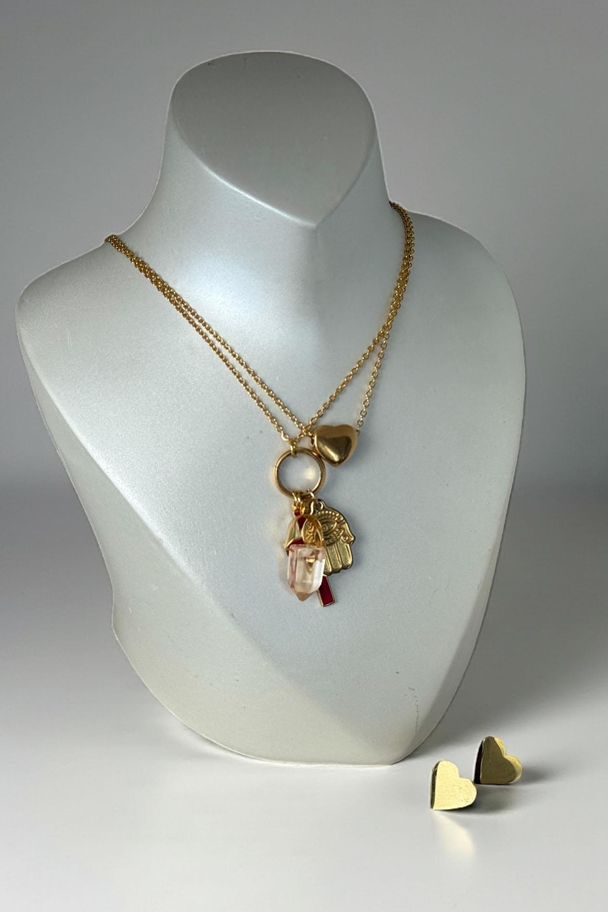 Altın Renk Karışık Figürlü Çelik Kolye Set