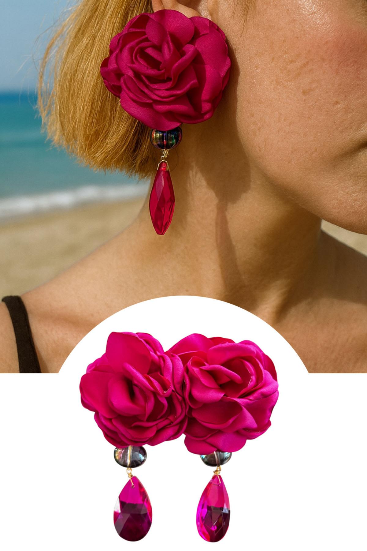 Pembe Renk Gül Figürlü Taş Detaylı Tasarım Küpe (Çift)