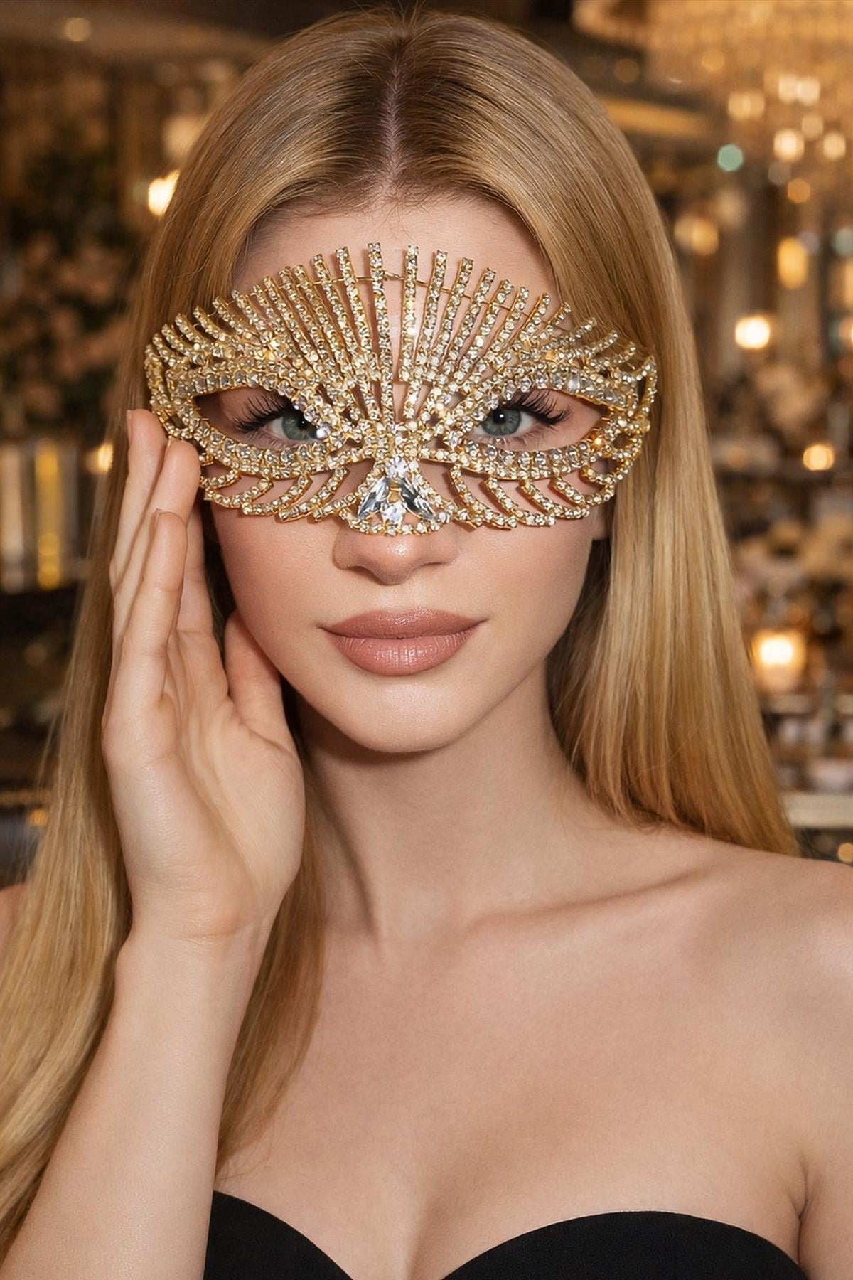 Altın Renk Taş Detaylı Tasarım Parti Maskesi