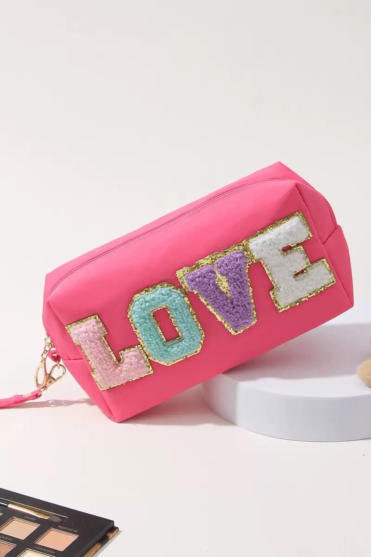 Pembe Renk Love Detaylı Makyaj Çantası