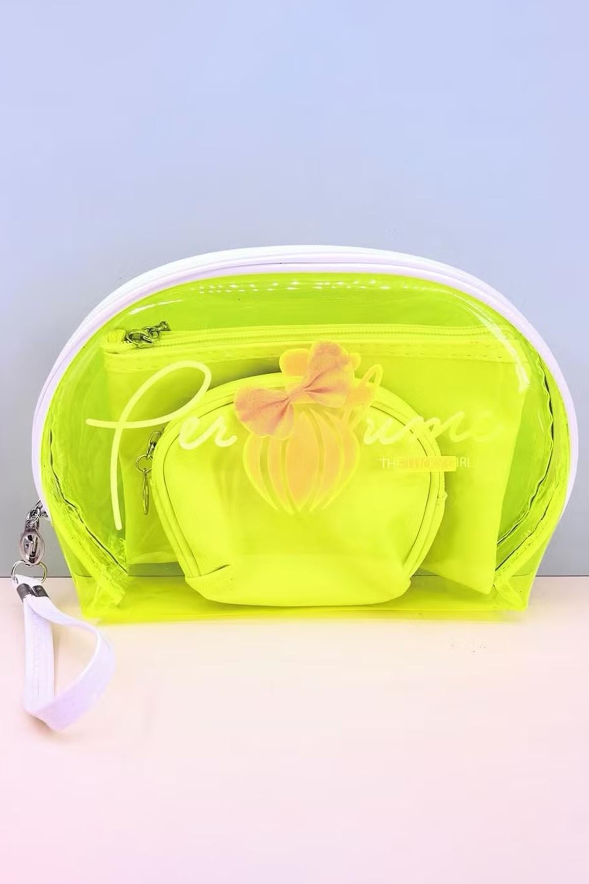 Neon Yeşil Şeffaf 3'lü Makyaj Çantası