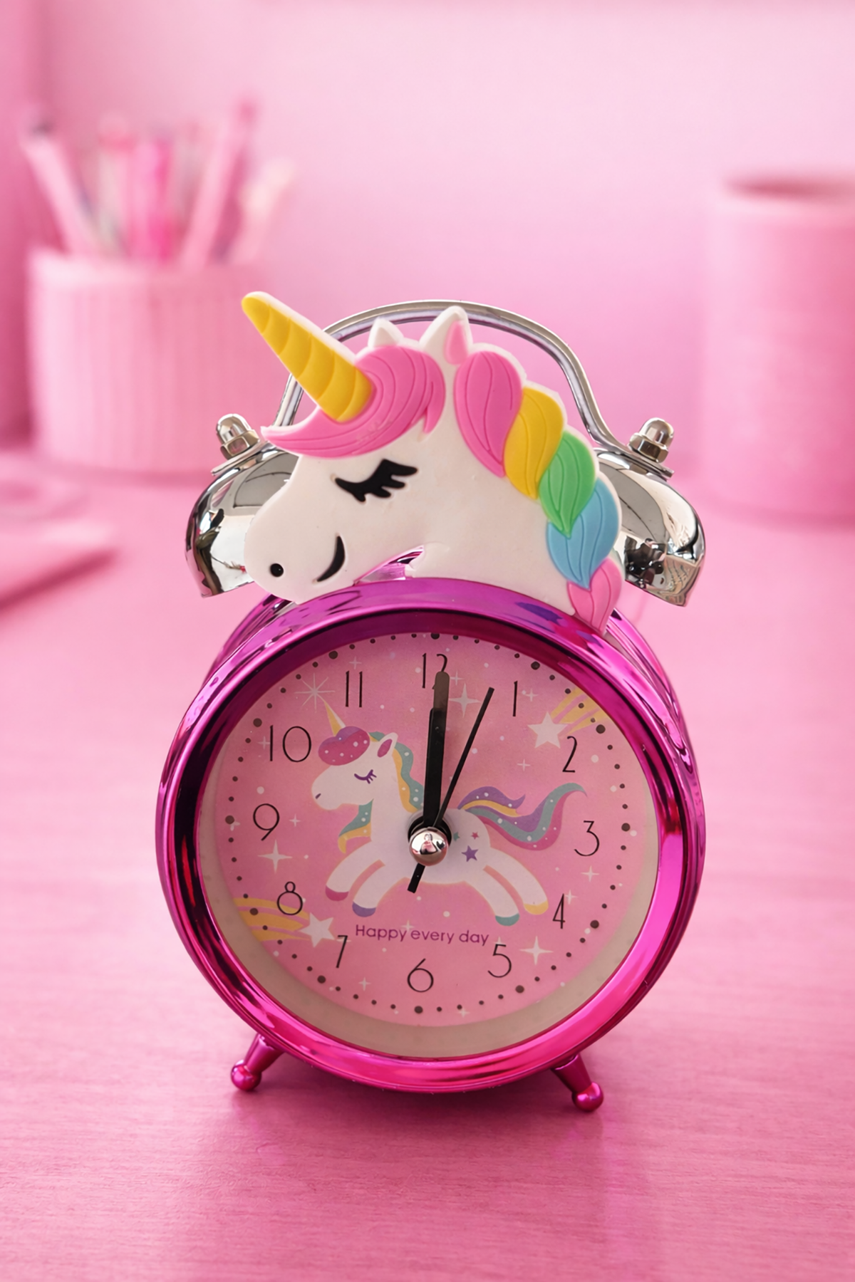 Pembe Renk Unicorn Figürlü Mini Dekoratif Işıklı Alarmlı Yuvarlak Masa Saati