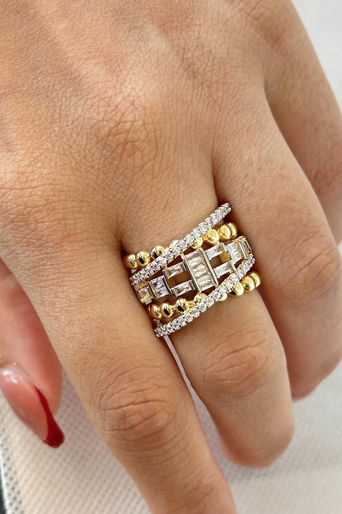 Altın Renk Taş Detaylı Ayarlanabilir Yüzük