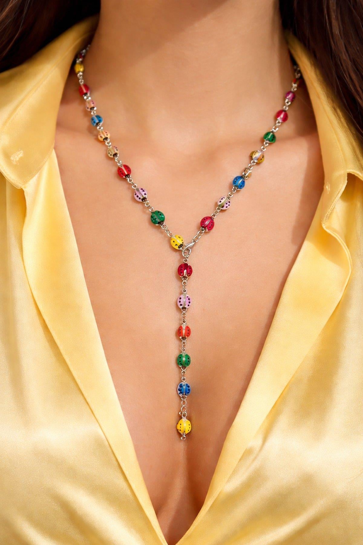 Gümüş Renk Uğur Böceği Figürlü Çelik Y Kolye