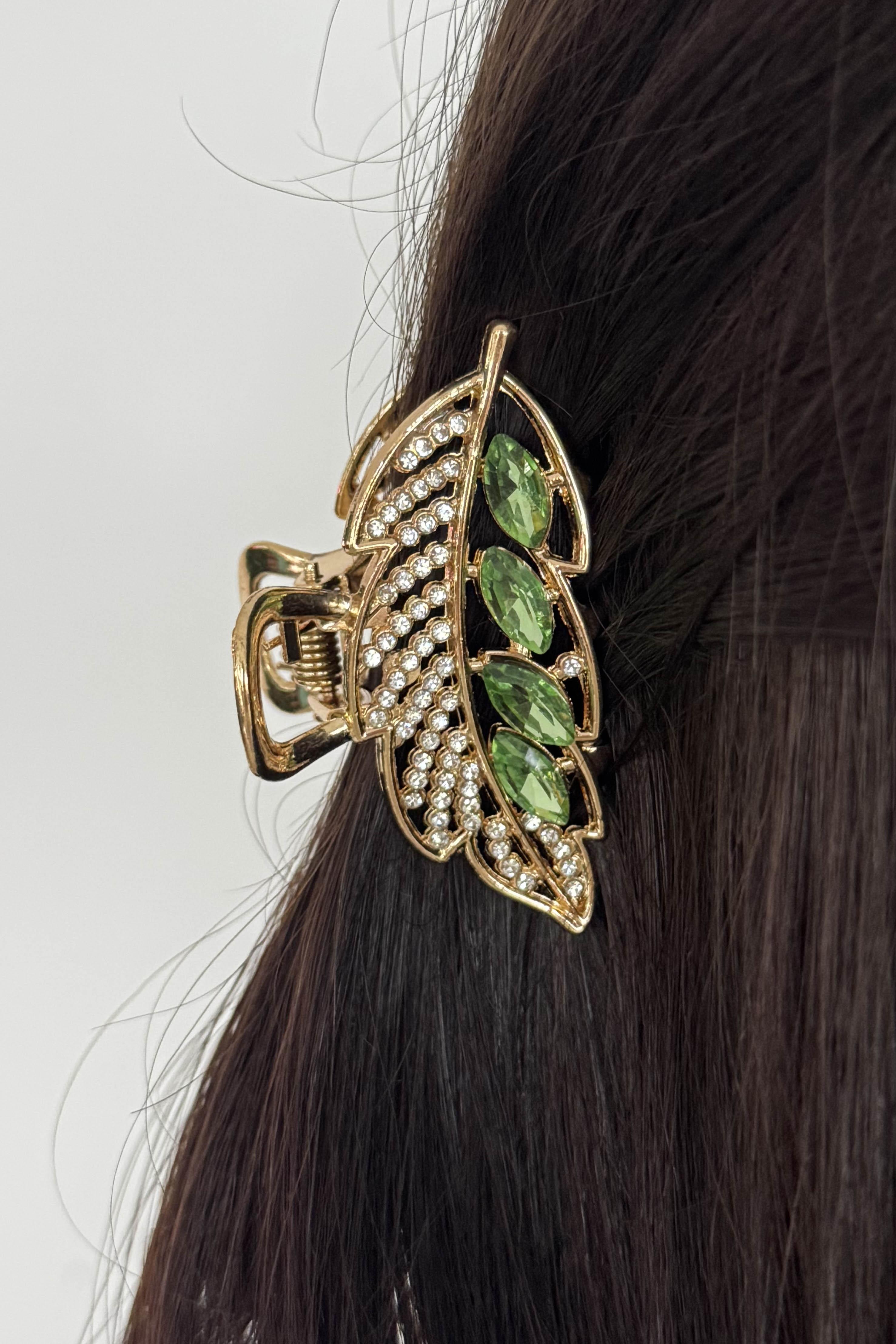 Altın Renk Yaprak Figürlü Taş Detaylı Mini Metal Mandal Toka